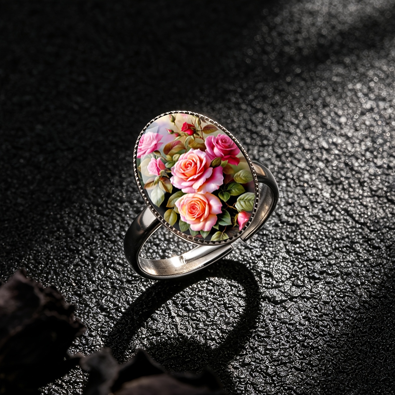Women's Romantic Floral Pink Rose Pattern Stainless Steel Open Ring